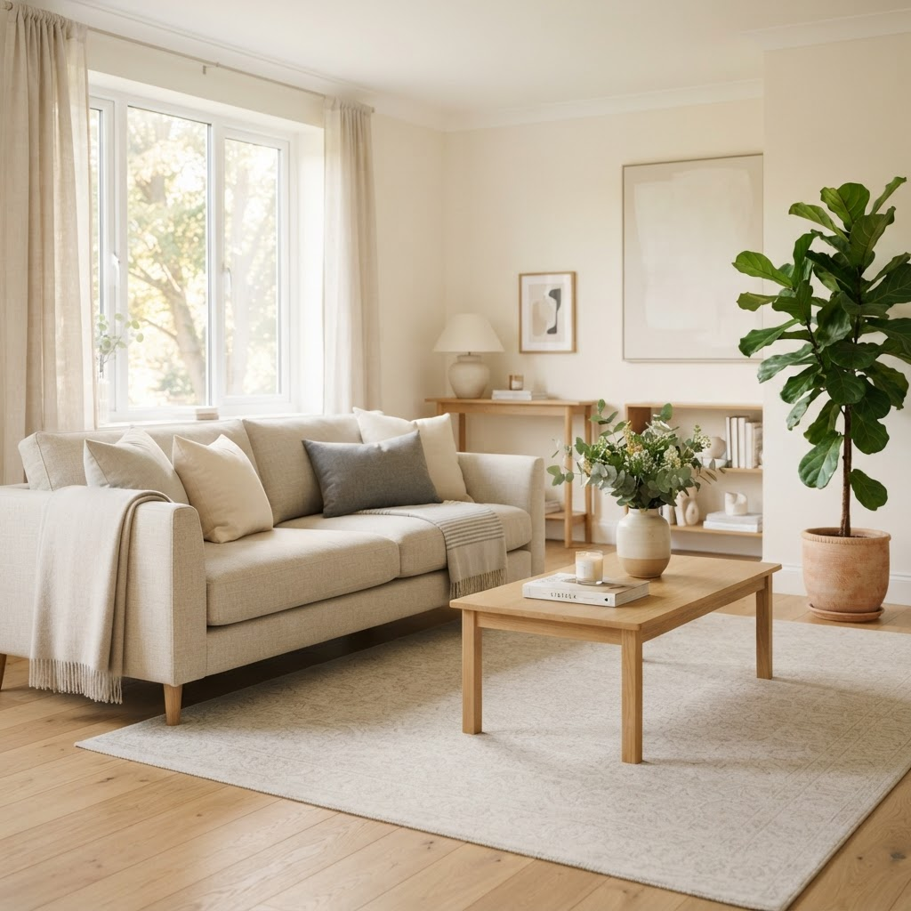 A bright, immaculately clean living room filled with soft natural light