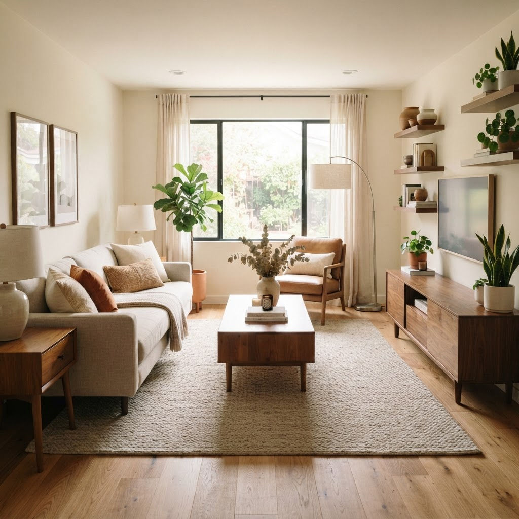 A clean, warmly lit residential living room with tidy furniture
